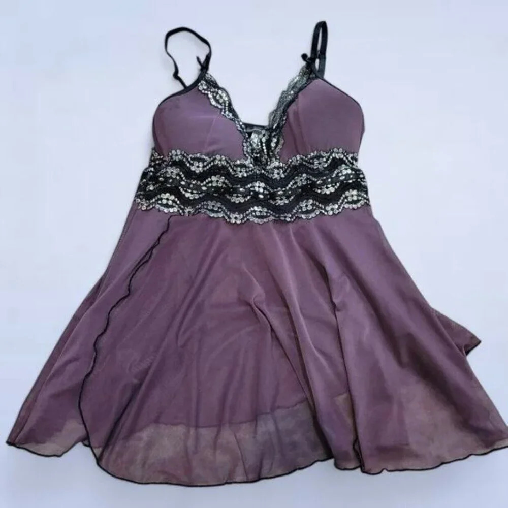 Coquette Purple Babydoll with Black Metallic Lace - Size Medium - Picture 2 of 7